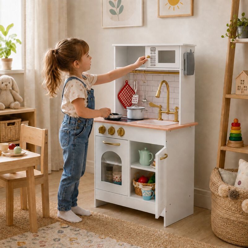Teamson Kids Little Chef Boston Small Wooden Play Kitchen with Oven, Microwave, Sink, Clicking Knobs, Utensil Hooks and 9 Accessories image number 6