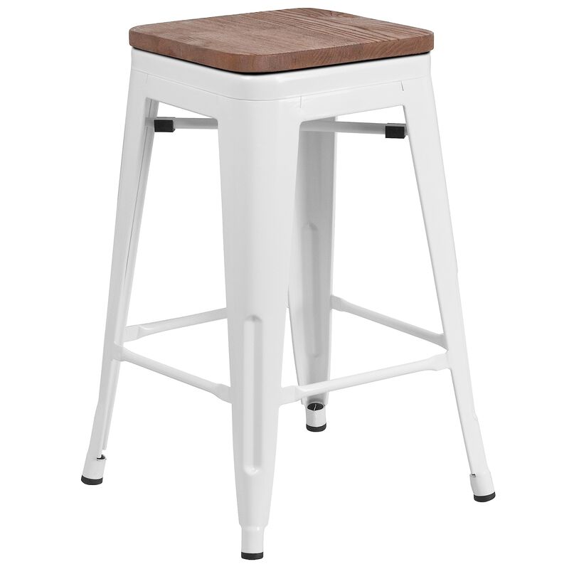 Flash Furniture Lily 24" High Backless White Metal Counter Height Stool with Square Wood Seat
