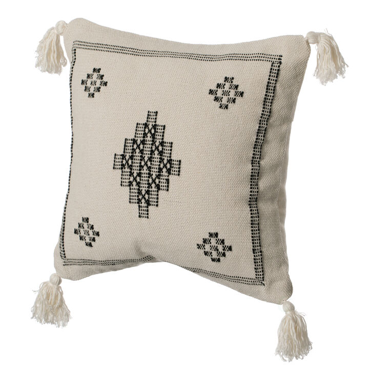 16" Throw Pillow Cover with Southwest Tribal Pattern and Corner Tassels, Black & White