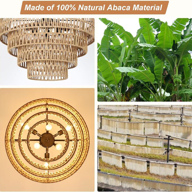 ELEMENT ACE 6-Light Boho Rattan Chandelier with 4-Tier Hand-Woven Wicker Lampshade, Adjustable Pendant Light Fixture for Dining Room, Bedroom, Kitchen, Living Room image number 4