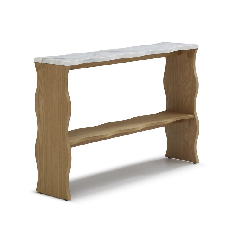 Whisper of Waves Modern Console Table with Marble Pattern Top & Solid Wood Veneer Shelf image number 0