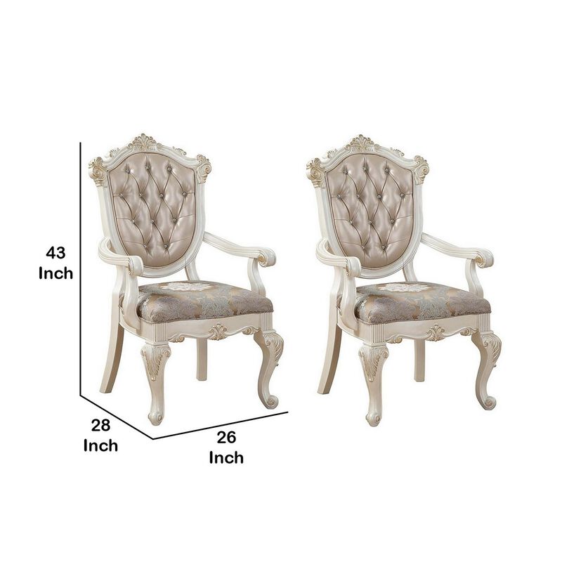 Wooden Arm Chair with Floral Patterned Padded Seat, Set of 2,White and Gold-Benzara