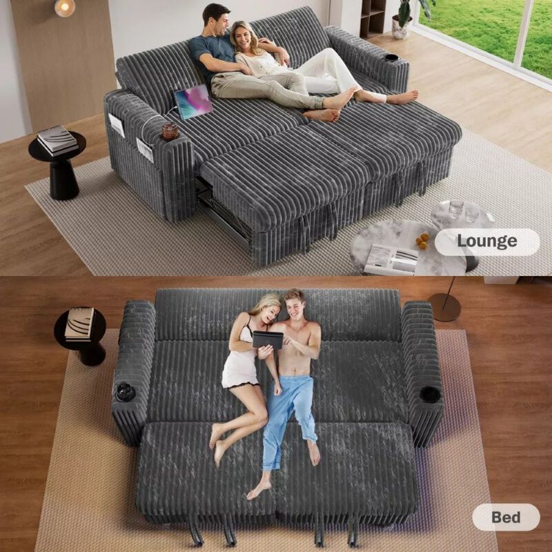 91" Convertible Sleeper Sofa Bed, Loveseat with 5-Level Reclining Backrest, Pull-Out Bed, USB Ports image number 8