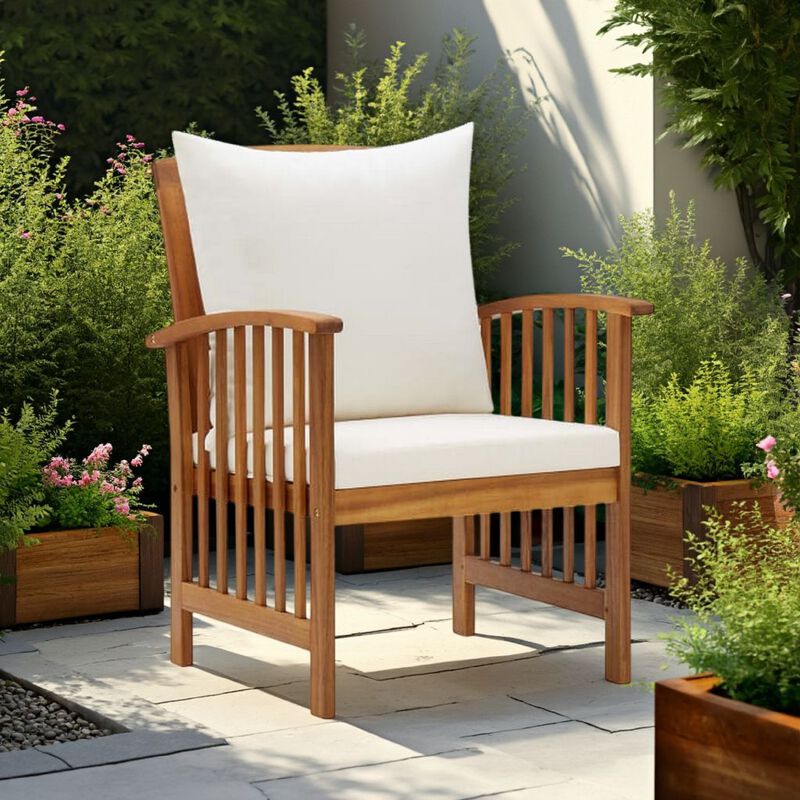 Mia Outdoor Chair Set of 2, White Fabric, Brown Wood, Slatted Design - Benzara