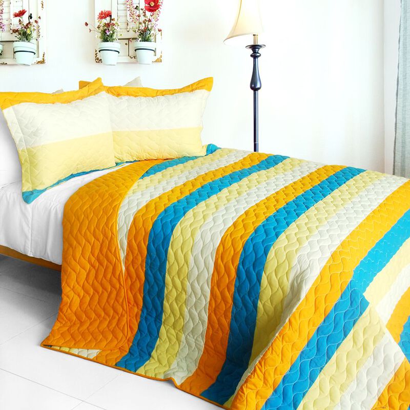 Cozy 3 Piece Reversible Quilt Set with Vermicelli Quilting and Patchwork Print-Yellow image number 0