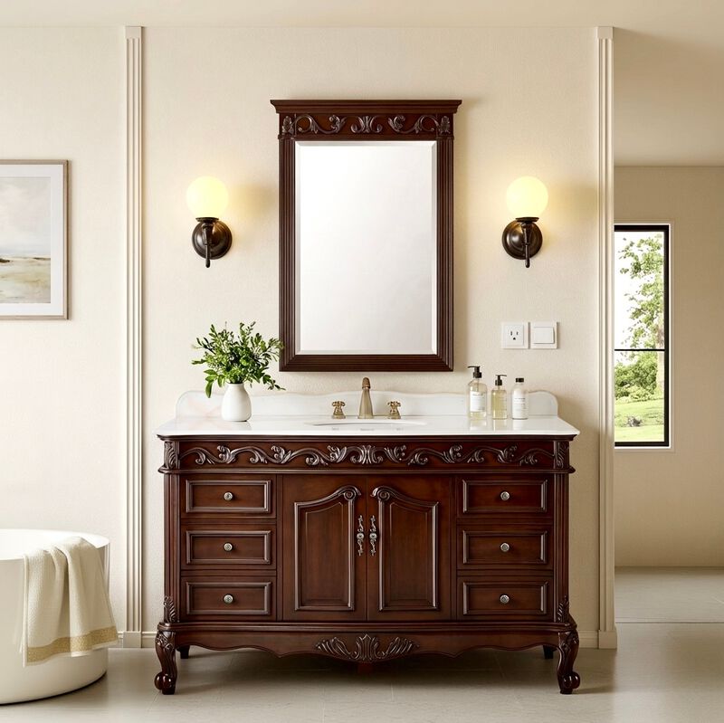 56 Inch Traditional Style Brown Beckham Bathroom Sink Vanity With White Top image number 4