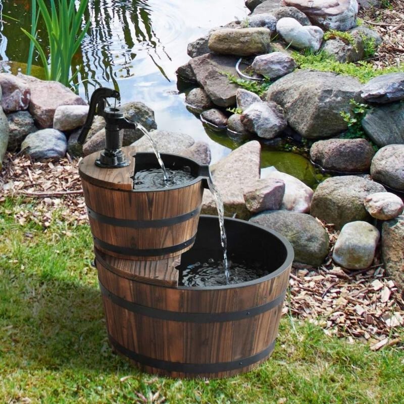 Outdoor 2-Tier Solid Wood Whiskey Barrel Waterfall Fountain with Electric Pump for Rustic Patio and Garden Décor