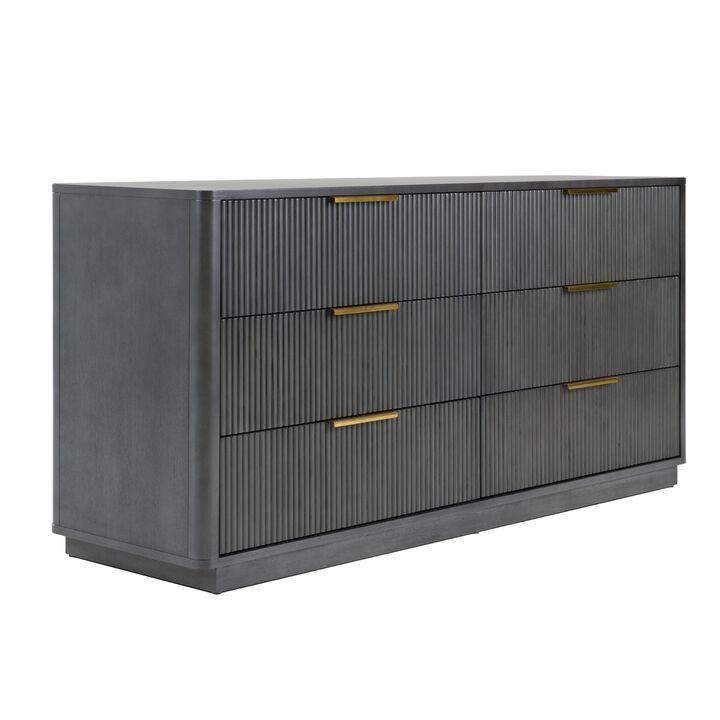 Noe Celia Wide Dresser, 6 Drawers Retro Luxe Gray Rubberwood