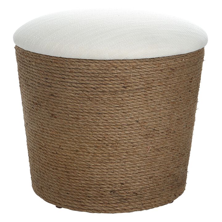 18 Inch Classic Storage Accent Ottoman, Rope Wrapped Base, Off White, Brown - Benzara