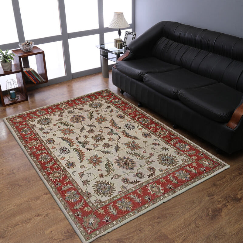 RUGSOTIC CARPETS HAND TUFTED WOOL ECO-FRIENDLY AREA RUGS  - 10'x13', Rectangle Shape, Cream & Red, Classic Oriental Traditional  Design, High Pile Thick Handmade Anti Skid Area Rugs (K00106)