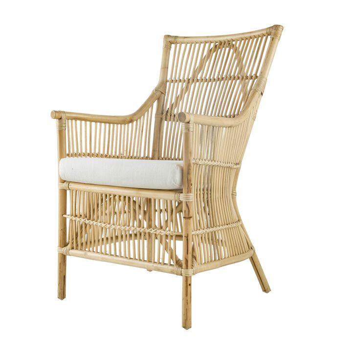 23 Inch Rattan Dining Armchair, White Fabric Padded Seat, Natural Brown - Benzara