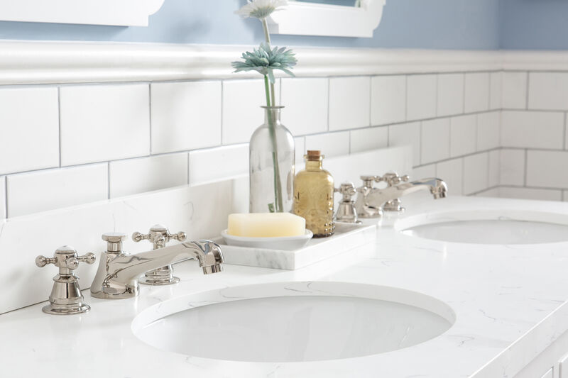 Queen 60 In. Double Sink Sink Carrara Quartz Countertop Bath Vanity in Pure White with Polished Nickel (PVD) Hardware