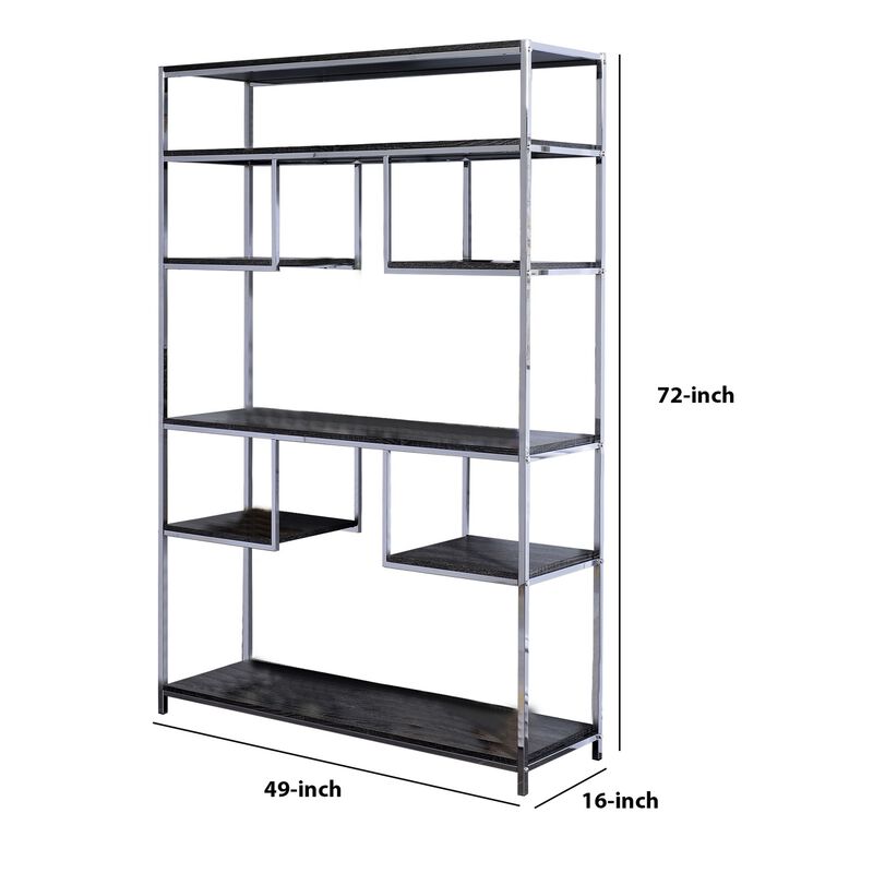 Etagere Bookshelf with 7 Shelves and Geometric Pattern,Silver and Dark Gray