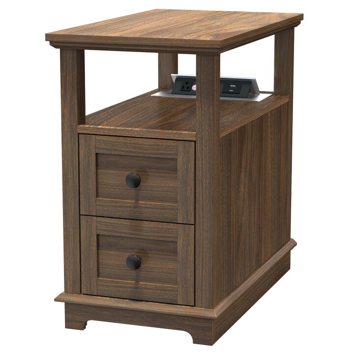 HIFYOBRO Narrow End Table with Flip Top Charging Station and 2 Drawers, Type-C & USB Port & Power outlets, Wooden Storage Cabine