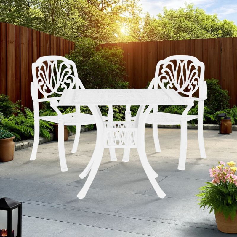 Outdoor 3pc Bistro Table and Chairs Set, Trellis Pattern, White Metal - Benzara