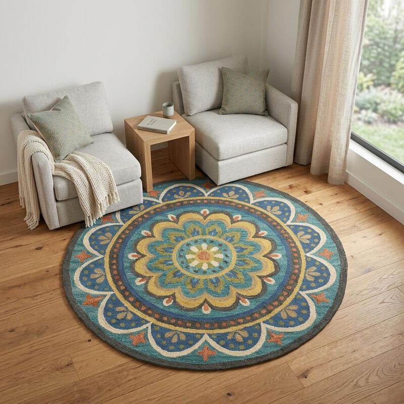 HomeRoots Round Wool Geometric Hand Tufted Area Rug image number 1