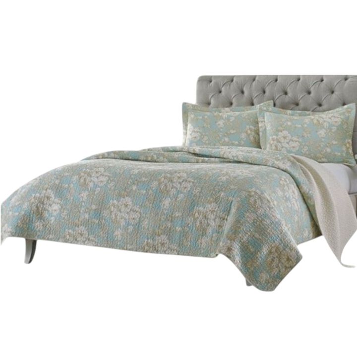 Hivvago Full / Queen 3-Piece Cotton Quilt Set in Seafoam Blue Beige Floral Pattern