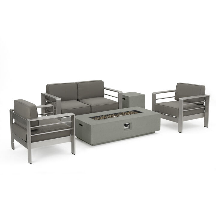 Christopher Knight Home Gildon Outdoor Aluminum 4 Seater Chat Set with Dark Gray Fire Pit