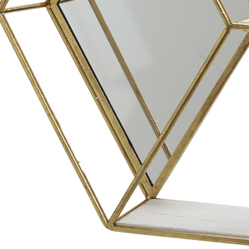 Hexagonal Shaped Metal Wall Shelf with 2 Display Cases, Gold and White - Benzara