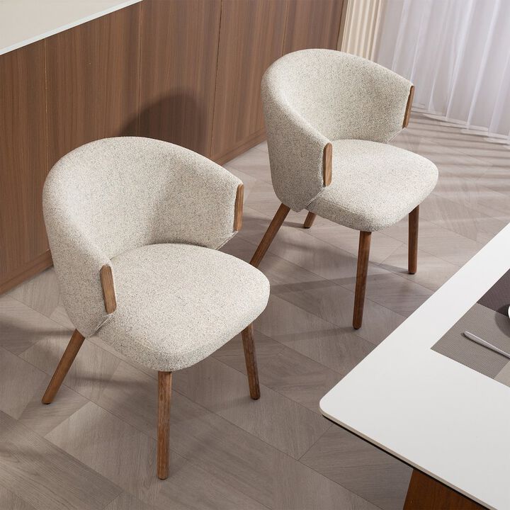 Glamour Home Set of 2 Beige Washed Boucle Fabric Dining Chair Natural Wood Arms and Legs