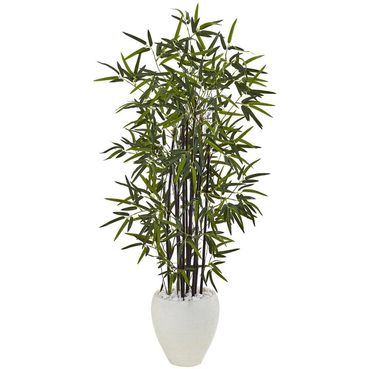 Nearly Natural 5-ft Black Bamboo Tree in White Oval Planter