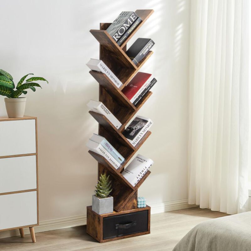 Hivvago 10-Tier Bookshelf with Drawer Free-standing Storage Bookcase