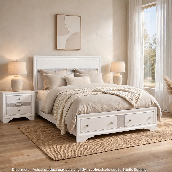 3pc King Bedroom Set, White Wood, One King bed With 2 Nightstands