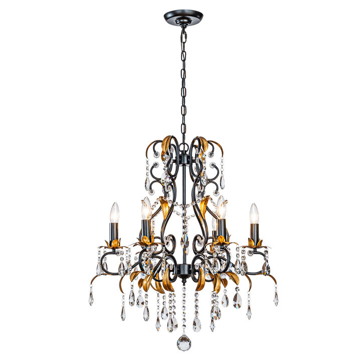 Mid-Century French Style 6-Light Crystal Chandelier in Matte Black and Antique Gold Finish For Versatile Interiors