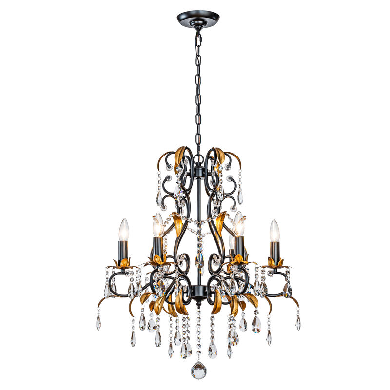 Mid-Century French Style 6-Light Crystal Chandelier in Matte Black and Antique Gold Finish For Versatile Interiors image number 0