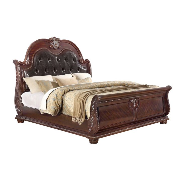Mano King Bed, Faux Leather Upholstery, Classic Floral Carved, Brown Wood - Benzara