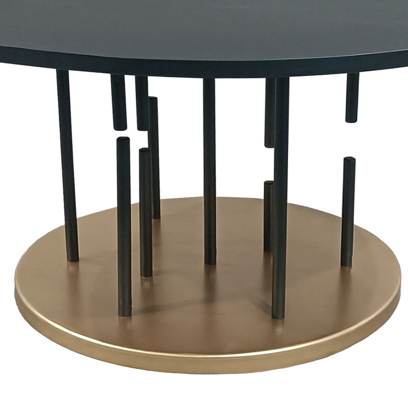 Neci 31 Inch Coffee Table, Round Matte Black Tray Top, Modern Rod Supports with Brass Base - Benzara