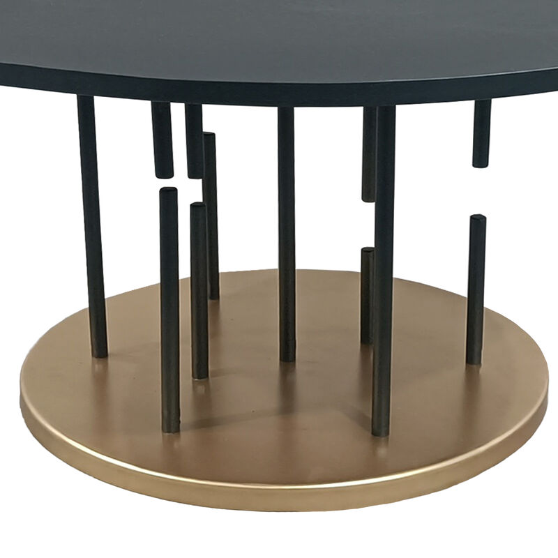 Neci 31 Inch Coffee Table, Round Matte Black Tray Top, Modern Rod Supports with Brass Base