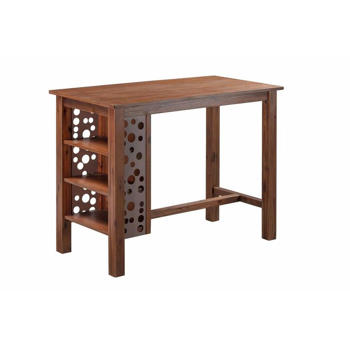 Bada 47 Inch Rectangular Bar Table with 3 Shelves and Metal Accents, Brown-Benzara