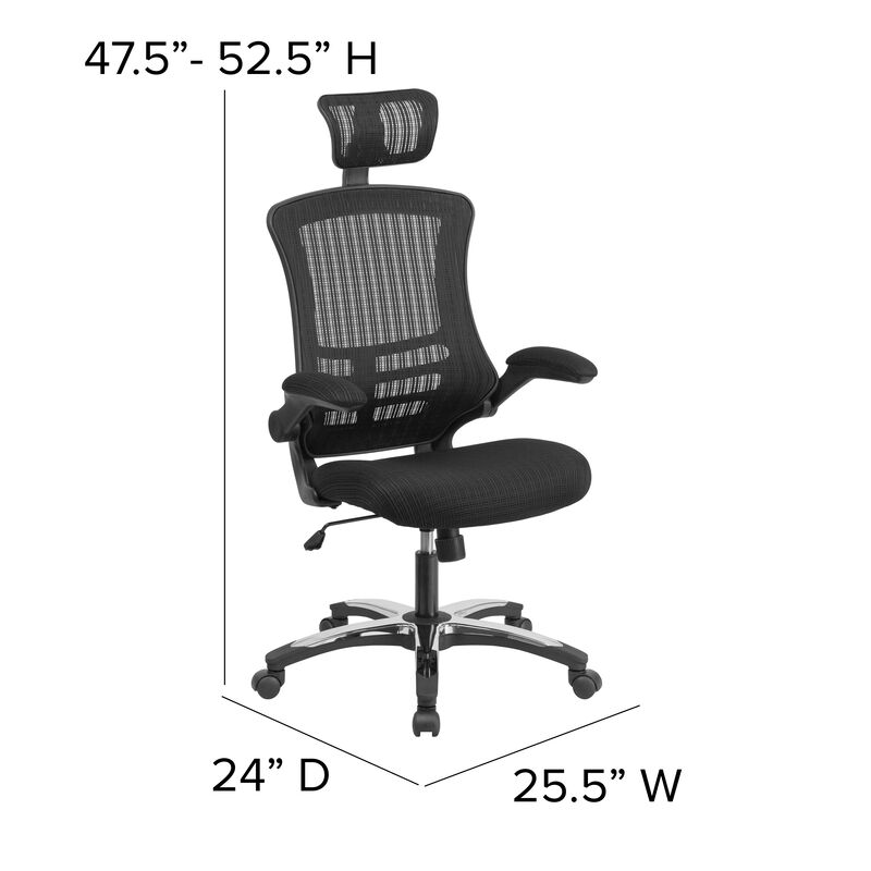 Kelista High-Back Black Mesh Swivel Ergonomic Executive Office Chair with Flip-Up Arms and Adjustable Headrest image number 4