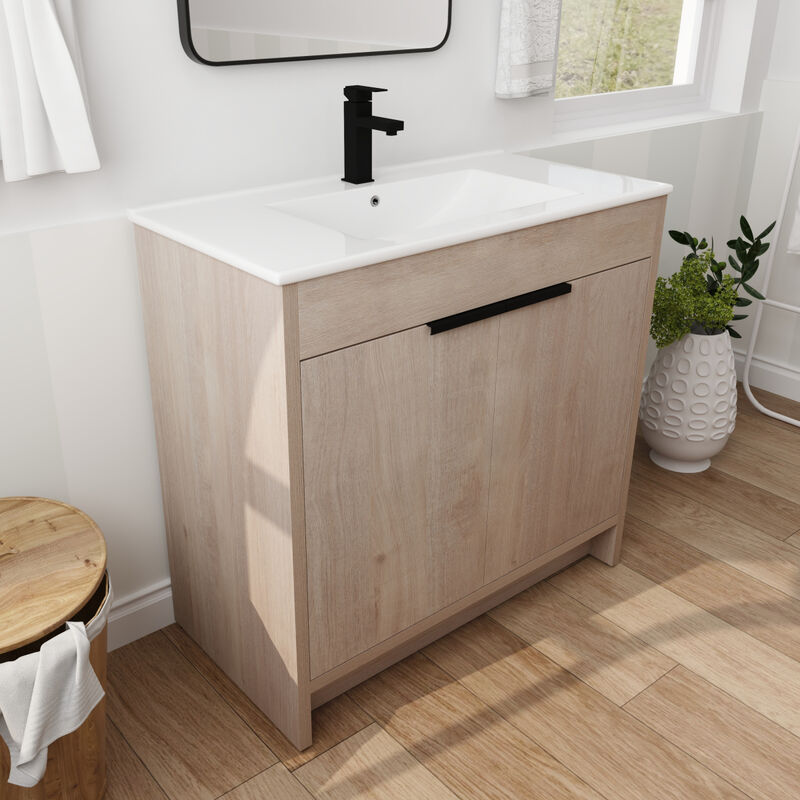 36 Inch Freestanding Bathroom Vanity with White Ceramic Sink & 2 Soft-Close Cabinet Doors (BVB02436PLO-F-BL9090B),W1286S