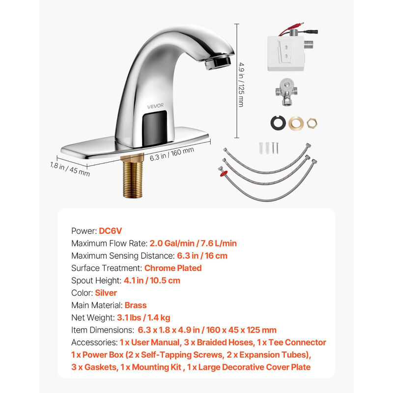 Touchless Restroom Faucet with Hole Cover, Battery Operated, Adjustable Water Temp-Silver image number 2