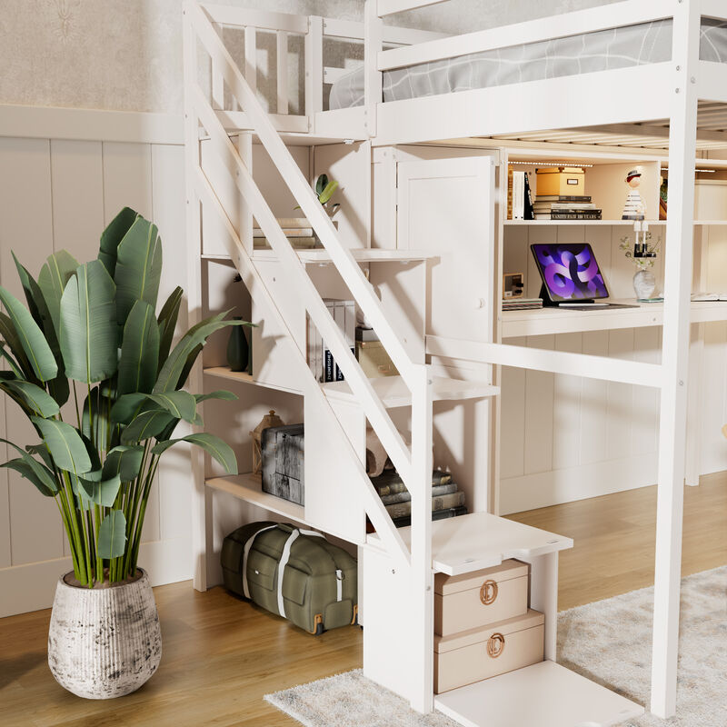 Whisen Full Loft Bed with Wardrobe Desk Shelves, Solid Wood Space-Saving for Bedroom Kids image number 4