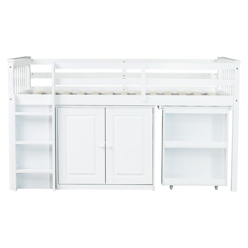 Whisen Twin Loft Bed with Drawers, Built-in Cabinet and Pulling-Out Desk, Rubber Wood Loft Bed with Safety Guardrail and Ladder - Gray