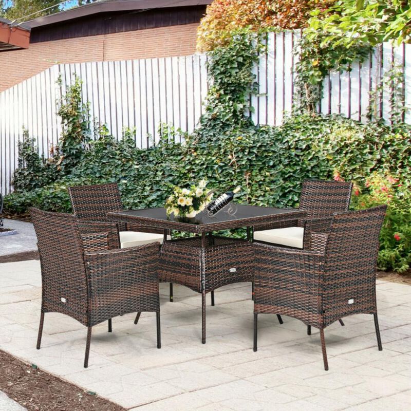 Hivvago 5-Piece Outdoor Wicker Dining Set with Tempered Glass Table and Ergonomic Armchairs