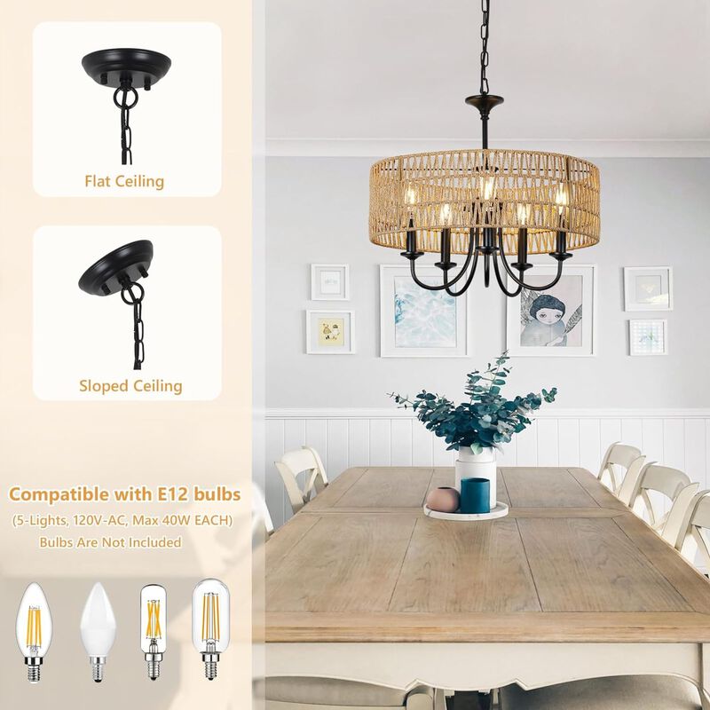 ELEMENT ACE 5-Light Hand Woven Natural Rattan Pendant Chandelier, Height Adjustable Hanging Light Fixture for Dining Room, Living Room, Kitchen Island, Bedroom, Foyer image number 5