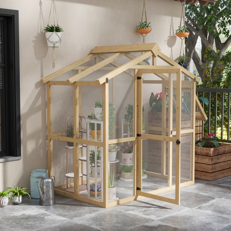 Outsunny 6.5' x 4' x 6.7' Walk-in Polycarbonate Greenhouse with Automatic Temperature Window and Lockable Door, Plant Gardening Hobby Green House with Fir Wood Frame for Backyard