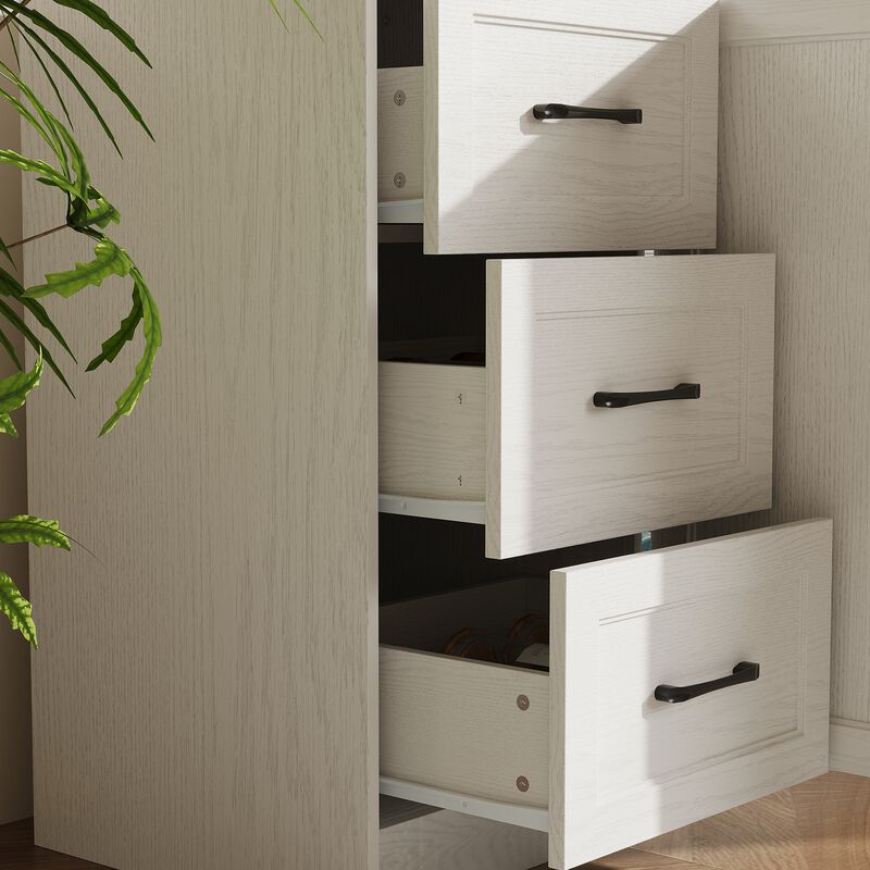 FUFU&GAGA 2-Door 3-Drawer Storage Cabinet with Black Metal Handles, Wood Grain Finish (47.2"W x 15.7"D x 30.7"H), White Oak