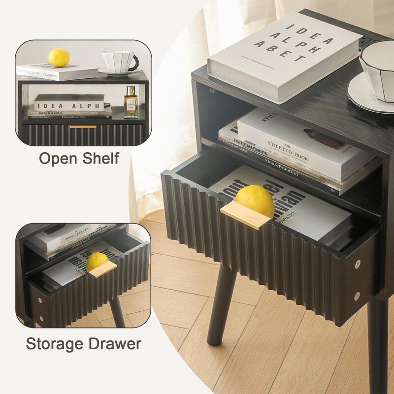 Fultyle Black Nightstand with Charging Station, Mid Cetury Modern Nightstand with Drawers, Fluted End Side Table Living Room for