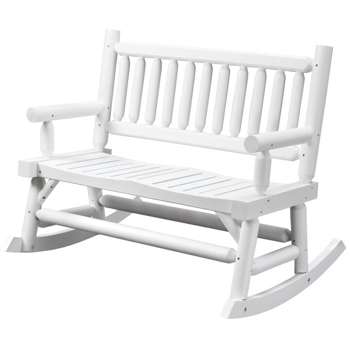 Outsunny 2-Person Wood Rocking Chair with Log Design, Heavy Duty Loveseat with Wide Curved Seats for Patio, Backyard, Garden, White
