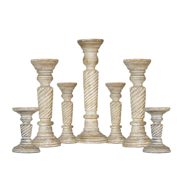 Traditional Antique White Eco-friendly Handmade Mango Wood Set Of Seven 6",9",12",15",12",9" & 6" Pillar Candle Holder BBH Homes