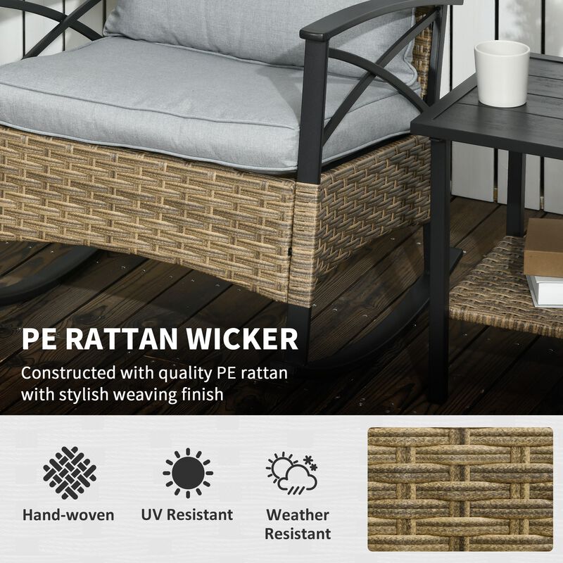 Light Grey Patio Set: 3PC Wicker Rocking Bistro Set with Cushions