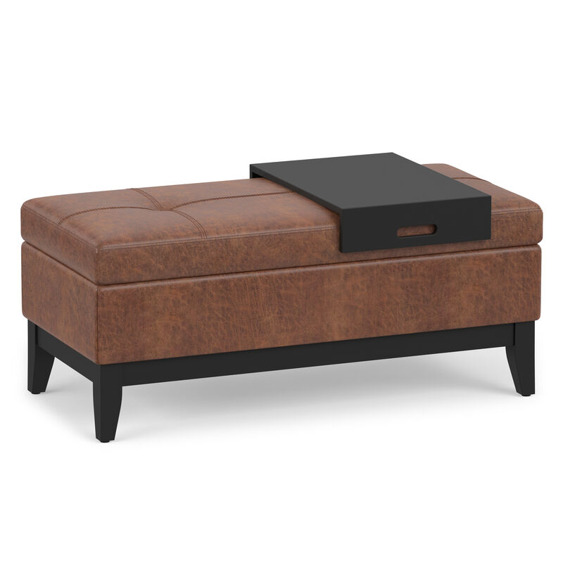 Oregon 42 inch Wide Transitional Rectangle Storage Ottoman Bench with Tray in Distressed Saddle Brown Vegan Faux Leather, Assembled image number 0