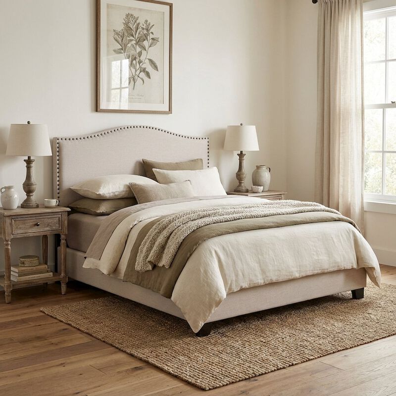 Off White Upholstered Queen Headboard, Solid Rubberwood Frame image number 1