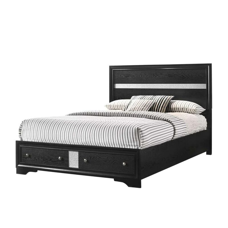 Benjara Regi King Size Bed, 2 Storage Drawers, Striped Headboard, Wood, Black and Silver