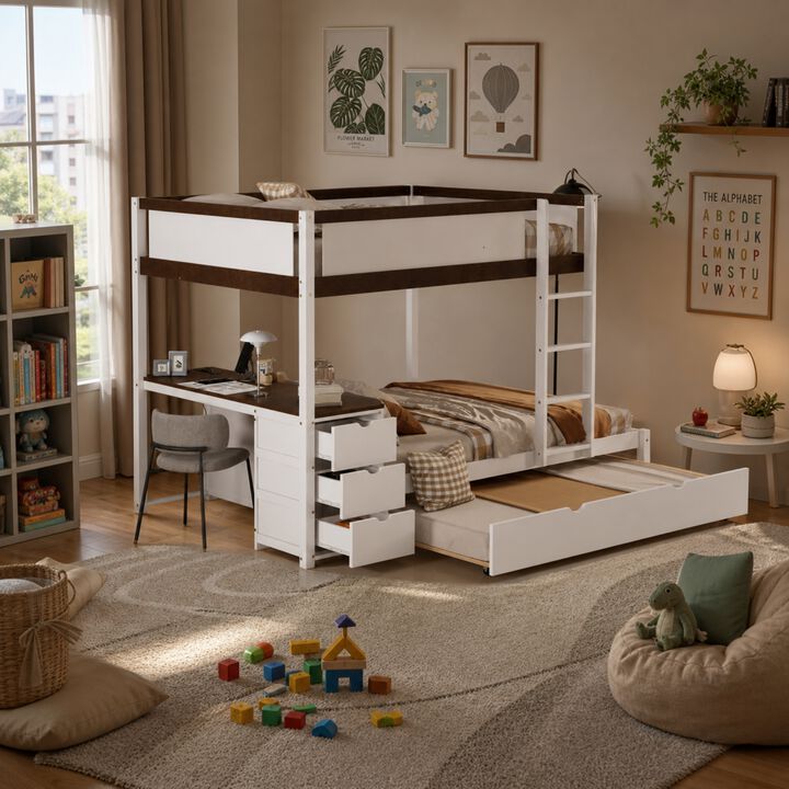 Whisen Full-Over-Full Bunk Bed with Trundle Desk Drawers, Solid Wood for Bedroom Kids